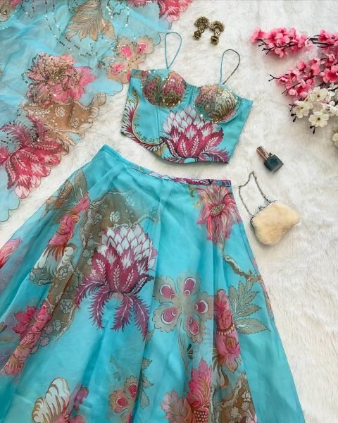 Sky Blue Pure Organza Lehenga Set with Corset Blouse and Designer Batwa Wedding Wear Designer Lehenga Choli