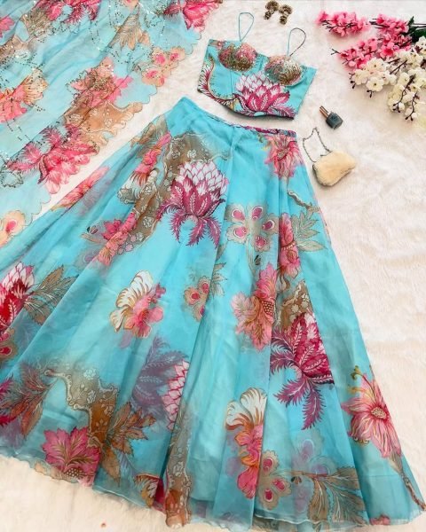 Sky Blue Pure Organza Lehenga Set with Corset Blouse and Designer Batwa Wedding Wear Designer Lehenga Choli
