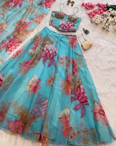 Sky Blue Pure Organza Lehenga Set with Corset Blouse and Designer Batwa Wedding Wear Designer Lehenga Choli
