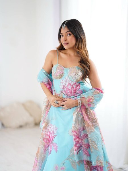 Sky Blue Pure Organza Lehenga Set with Corset Blouse and Designer Batwa Wedding Wear Designer Lehenga Choli
