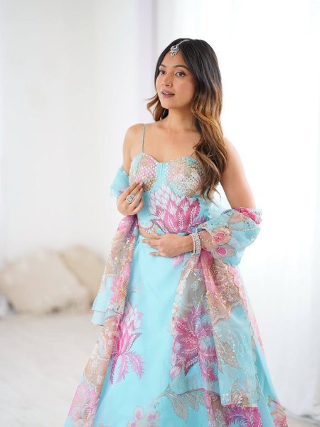 Sky Blue Pure Organza Lehenga Set with Corset Blouse and Designer Batwa Wedding Wear Designer Lehenga Choli