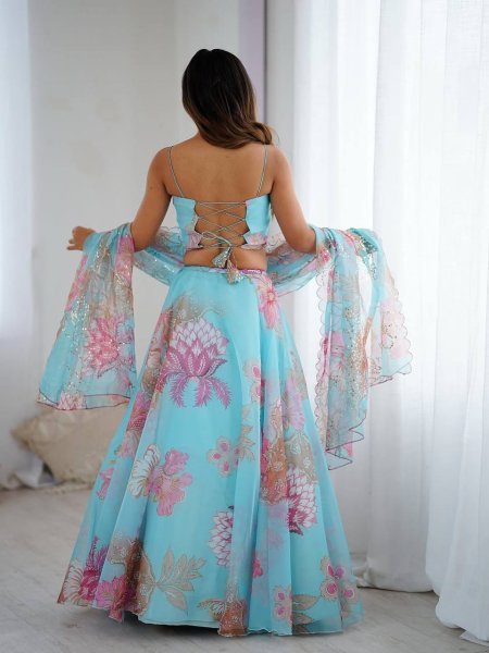 Sky Blue Pure Organza Lehenga Set with Corset Blouse and Designer Batwa Wedding Wear Designer Lehenga Choli