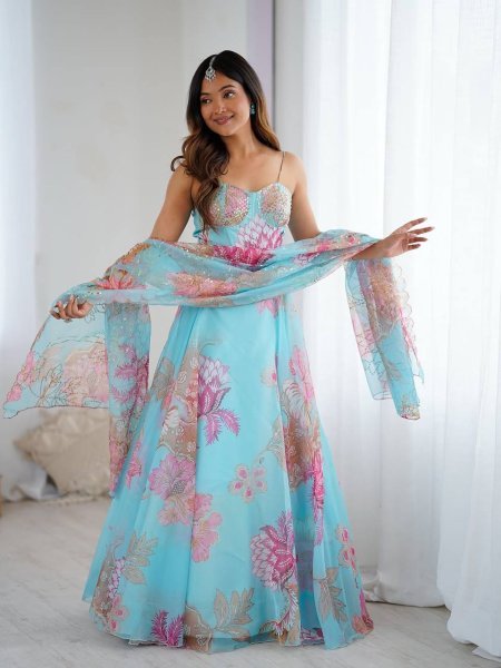 Sky Blue Pure Organza Lehenga Set with Corset Blouse and Designer Batwa Wedding Wear Designer Lehenga Choli