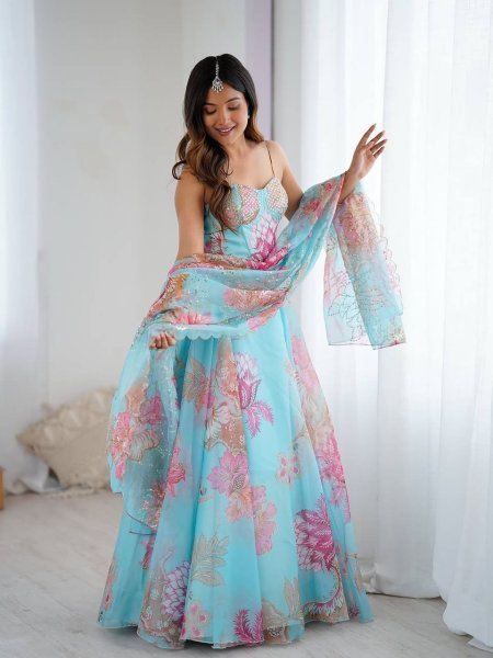 Sky Blue Pure Organza Lehenga Set with Corset Blouse and Designer Batwa Wedding Wear Designer Lehenga Choli
