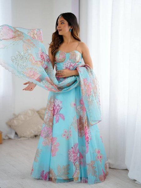 Sky Blue Pure Organza Lehenga Set with Corset Blouse and Designer Batwa Wedding Wear Designer Lehenga Choli