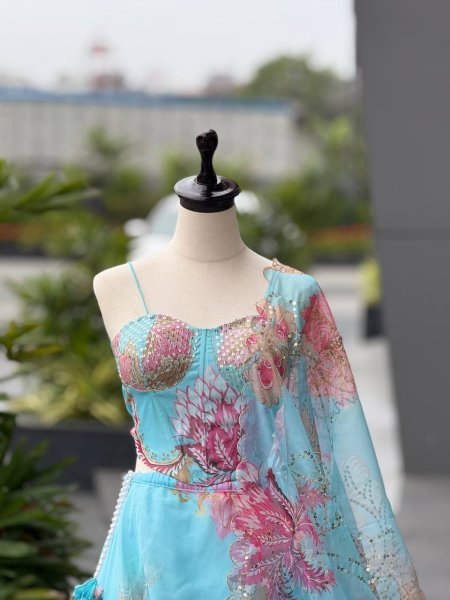 Sky Blue Pure Organza Lehenga Set with Corset Blouse and Designer Batwa Wedding Wear Designer Lehenga Choli