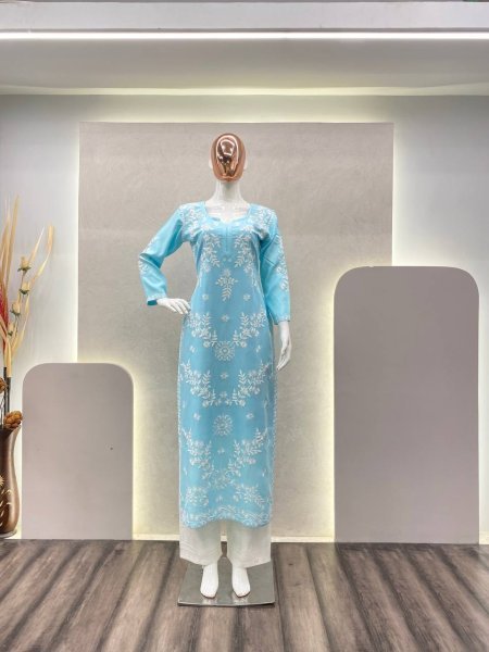 Sky Blue Rayon Cotton Chikankari Kurta With Pant Set 3 Piece Kurti Set