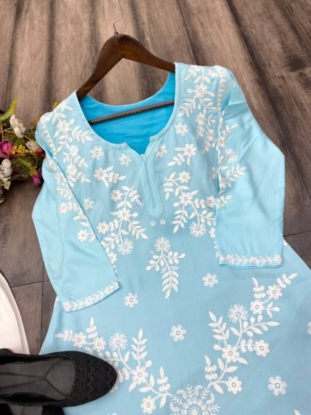 Sky Blue Rayon Cotton Chikankari Kurta With Pant Set 3 Piece Kurti Set