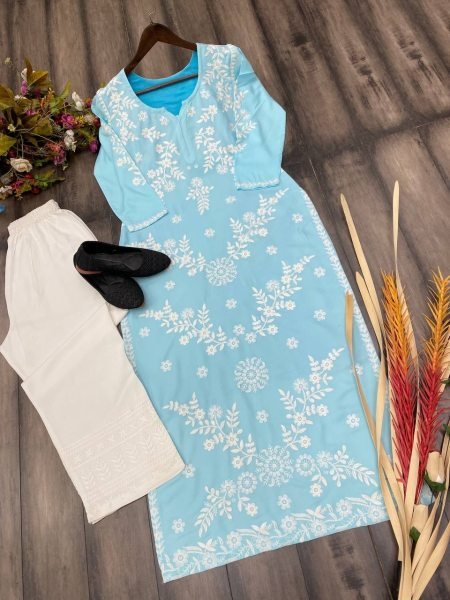 Sky Blue Rayon Cotton Chikankari Kurta With Pant Set 3 Piece Kurti Set