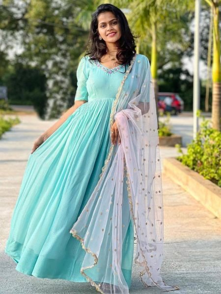 Sky Blue Silk Kurti   Net Dupatta With Sequence Work  