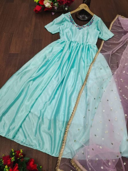 Sky Blue Silk Kurti   Net Dupatta With Sequence Work  Kurti With Dupatta Wholesale