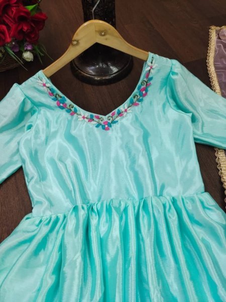 Sky Blue Silk Kurti   Net Dupatta With Sequence Work  Kurti With Dupatta Wholesale