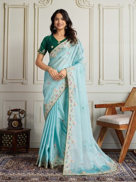 Sky Blue Soft Rangoli Silk Saree with C Pallu Embroidery Partywear Set Embroidery Sarees Wholesale