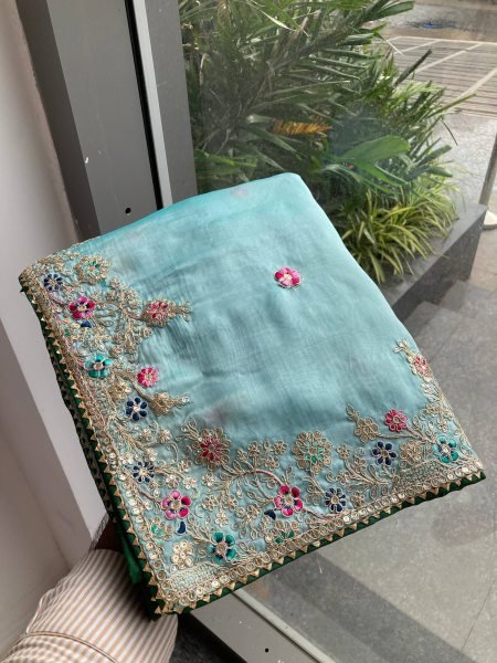 Sky Blue Soft Rangoli Silk Saree with C Pallu Embroidery Partywear Set Embroidery Sarees Wholesale