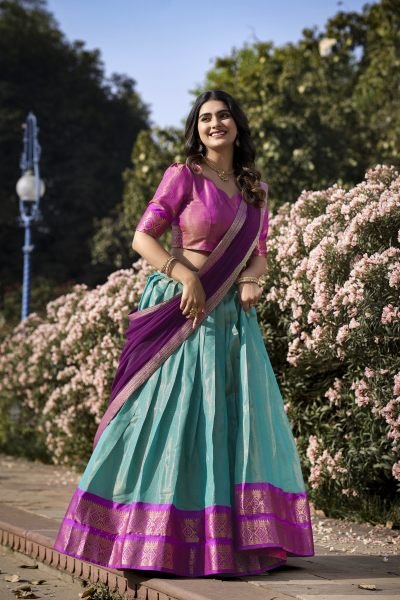 Sky Blue South Indian Art Silk Lehenga with Zari Patterns and Georgette Lace Dupatta Half Saree Lehenga