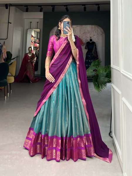 Sky Blue South Indian Art Silk Lehenga with Zari Patterns and Georgette Lace Dupatta Half Saree Lehenga