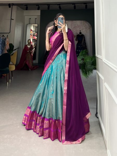 Sky Blue South Indian Art Silk Lehenga with Zari Patterns and Georgette Lace Dupatta Half Saree Lehenga