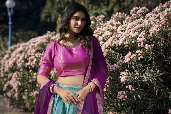 Sky Blue South Indian Art Silk Lehenga with Zari Patterns and Georgette Lace Dupatta Half Saree Lehenga