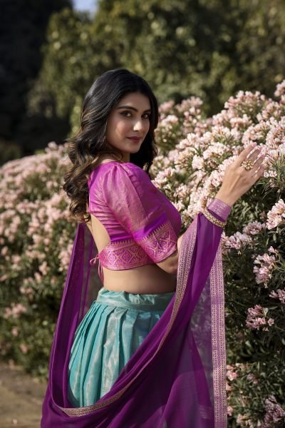 Sky Blue South Indian Art Silk Lehenga with Zari Patterns and Georgette Lace Dupatta Half Saree Lehenga