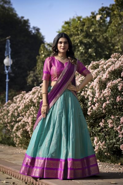 Sky Blue South Indian Art Silk Lehenga with Zari Patterns and Georgette Lace Dupatta Half Saree Lehenga
