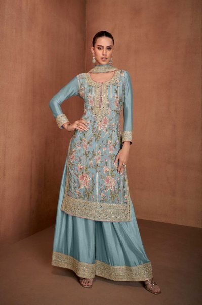 SKY Color Real Chinon Best Quality Suit Set  Designer Plazzo Salwar Suits Wholesale