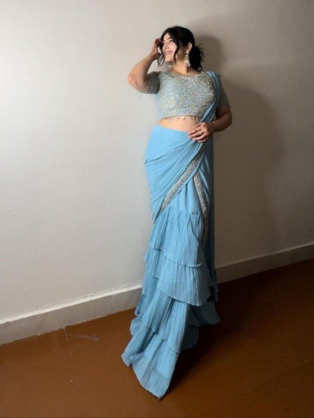 SKy Color Ruffel Georgette Ready To Wear Saree Collection by Royal Export Sarees 