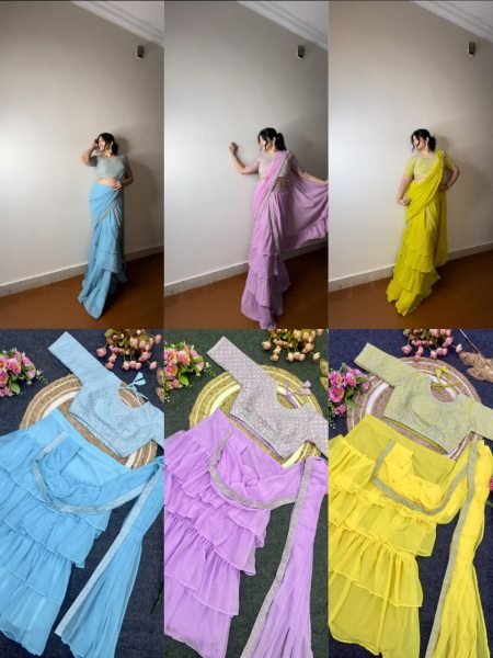 SKy Color Ruffel Georgette Ready To Wear Saree Collection by Royal Export Ready To Wear Saree 