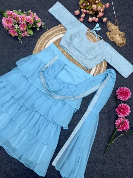SKy Color Ruffel Georgette Ready To Wear Saree Collection by Royal Export Ready To Wear Saree 