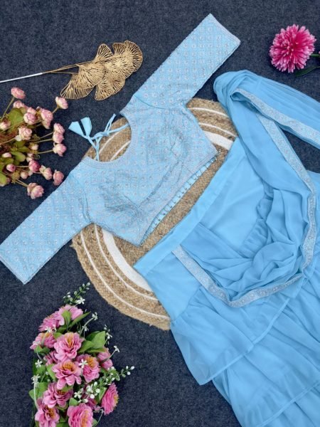 SKy Color Ruffel Georgette Ready To Wear Saree Collection by Royal Export Ready To Wear Saree 