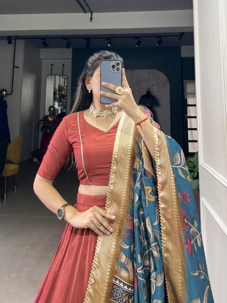 Sky Light Maroon Chinon Silk Plain Lehenga Set with Lace Detailing & Tussar Silk Dupatta Designer Lehenga Choli