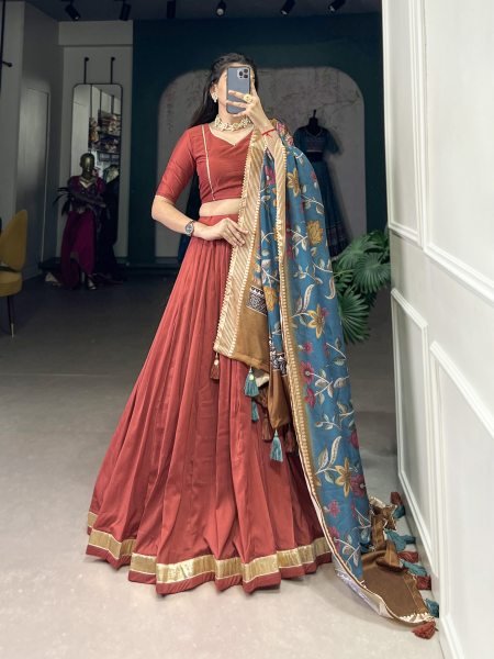 Sky Light Maroon Chinon Silk Plain Lehenga Set with Lace Detailing & Tussar Silk Dupatta Designer Lehenga Choli