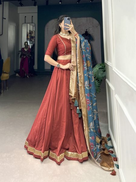 Sky Light Maroon Chinon Silk Plain Lehenga Set with Lace Detailing & Tussar Silk Dupatta Designer Lehenga Choli