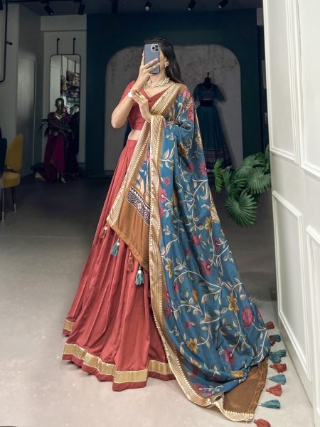 Sky Light Maroon Chinon Silk Plain Lehenga Set with Lace Detailing & Tussar Silk Dupatta Designer Lehenga Choli
