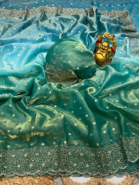 SkyBlue Rama Designer Space Silk Saree with Butti and Jarkhan Embroidery for Festival  