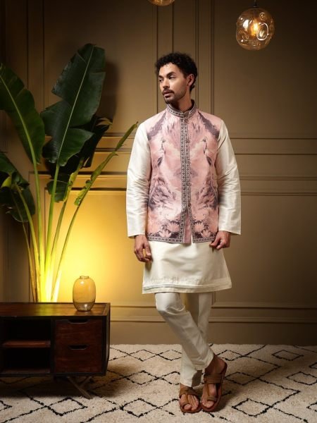 Sleek Baby Pink Premium Slub Silk Kurta with 3D Jacquard Koti and Pant for Wholesale Rate 