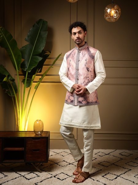Sleek Baby Pink Premium Slub Silk Kurta with 3D Jacquard Koti and Pant for Wholesale Rate Kurta Pajama Wholesale