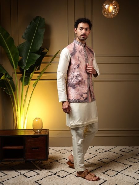Sleek Baby Pink Premium Slub Silk Kurta with 3D Jacquard Koti and Pant for Wholesale Rate Kurta Pajama Wholesale