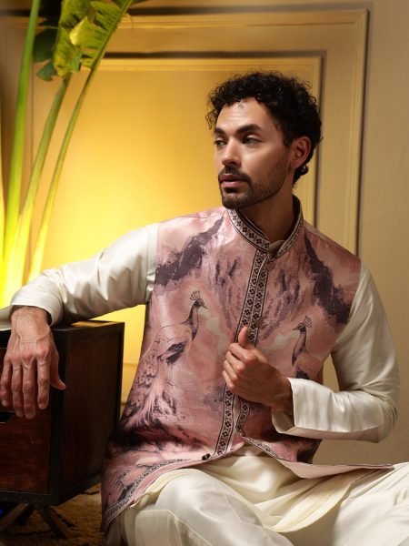 Sleek Baby Pink Premium Slub Silk Kurta with 3D Jacquard Koti and Pant for Wholesale Rate Kurta Pajama Wholesale