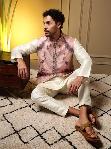 Sleek Baby Pink Premium Slub Silk Kurta with 3D Jacquard Koti and Pant for Wholesale Rate Kurta Pajama Wholesale