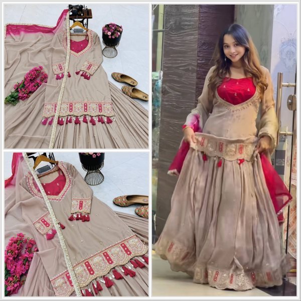 Sleek Begie Heavy Chinon Silk Lehenga Choli Set with Coding Sequin Work for Festival Ready To Wear Collection