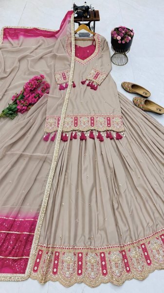 Sleek Begie Heavy Chinon Silk Lehenga Choli Set with Coding Sequin Work for Festival Ready To Wear Collection