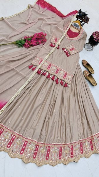 Sleek Begie Heavy Chinon Silk Lehenga Choli Set with Coding Sequin Work for Festival Ready To Wear Collection