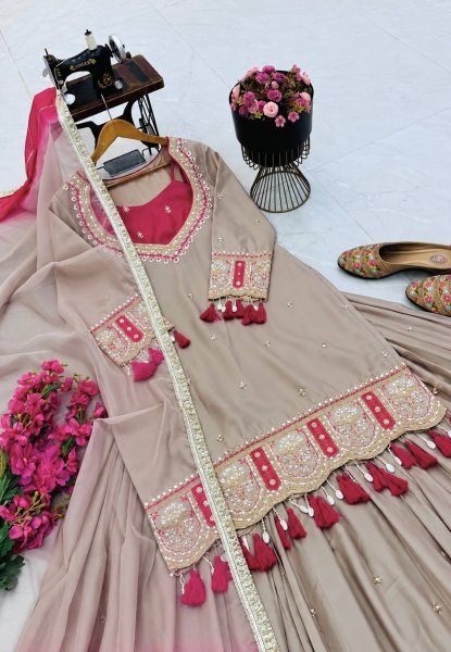 Sleek Begie Heavy Chinon Silk Lehenga Choli Set with Coding Sequin Work for Festival Ready To Wear Collection