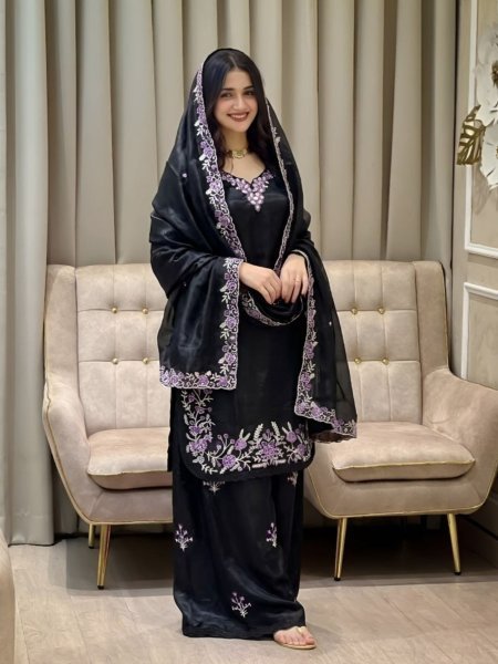 Sleek Black Fendy Palazzo Suit Using Heavy Embroidery Work With Dupatta Ready To Wear Suit