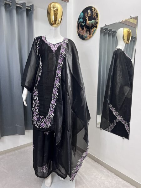 Sleek Black Fendy Palazzo Suit Using Heavy Embroidery Work With Dupatta Ready To Wear Collection