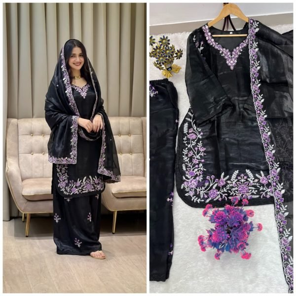 Sleek Black Fendy Palazzo Suit Using Heavy Embroidery Work With Dupatta Ready To Wear Collection