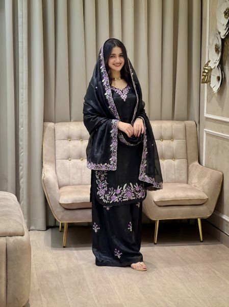 Sleek Black Fendy Palazzo Suit Using Heavy Embroidery Work With Dupatta Ready To Wear Collection