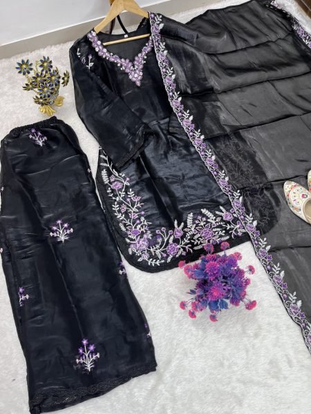 Sleek Black Fendy Palazzo Suit Using Heavy Embroidery Work With Dupatta Ready To Wear Collection