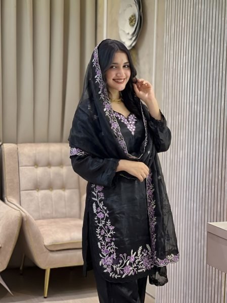 Sleek Black Fendy Palazzo Suit Using Heavy Embroidery Work With Dupatta Ready To Wear Collection