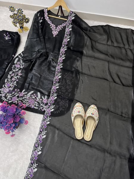 Sleek Black Fendy Palazzo Suit Using Heavy Embroidery Work With Dupatta Ready To Wear Collection